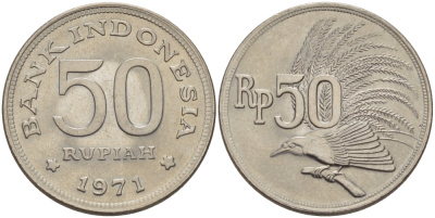 Индонезия 50 рупий 1971 райская птица KM 35 медно-никель UNC 67-643