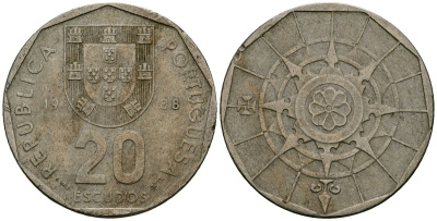 Португалия 20 эскудо 1986 KM 634 медно-никель 4120-1012