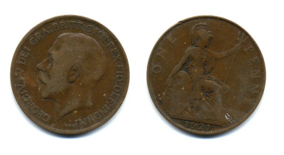 Великобритания 1 пенни 1921 Георг V (1910-1936) KM 810, Spink 4051 бронза 47-632