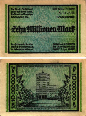 ДЮССЕЛЬДОРФ 10000000 МАРОК 1923 НОТГЕЛЬД, 25 АВГУСТА 1923, ЗЕМЛЯ СЕВЕРНЫЙ РЕЙН-ВЕСТФАЛИЯ, REIHE 2 Keller 1150t бумага 6318-36-2-2