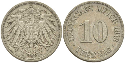 ГЕРМАНИЯ 10 ПФЕННИГОВ 1913 D KM 12, J. 13, Weege 8 медно-никель 212-233