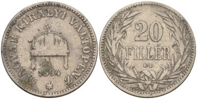 Венгрия 20 филлеров 1894 KB, Франц Иосиф I (1848-1916) KM 483 никель 4151-952