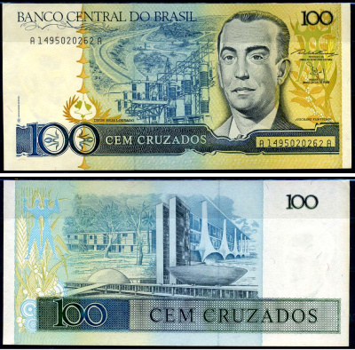Бразилия 100 крузадо ND (1986-1988) Центральный банк Бразилии, Жуселину Кубичек ди Оливейра Pick 211 b бумага UNC (пресс) 8602-13-1-1
