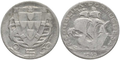 Португалия 2,50 эскудо 1946 парусник КМ 580 серебро 202-412