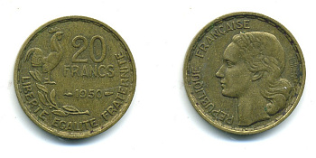 ФРАНЦИЯ 20 ФРАНКОВ 1950 ПОЛНАЯ ПОДПИСЬ, 3 ПЕРА KM 916.1 алюминиевая бронза 84-815