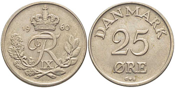 ДАНИЯ 25 ЭРЕ 1960 С;S, ФРЕДЕРИК IX (1947-1972) KM 842.2 медно-никель 202-725