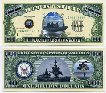 США 1000000 долларов 2001 сувенирная банкнота, серия армия США, ВМФ, Джон Буш, Коллин Пауэл бумага UNC (пресс) 7203-11-3