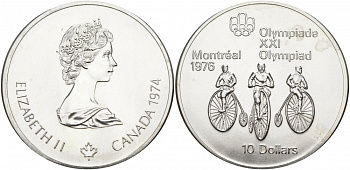Канада 10 долларов 1974 XXI летние Олимпийские игры в Монреале 1976 года, велоспорт KM 95 серебро UNC 01-172-14