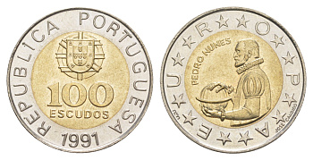 Португалия 100 эскудо 1991 Педру Нуниш (1502-1578), математик KM 645 биметалл UNC 4388-312