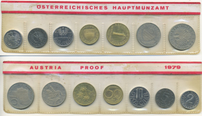 Австрия набор из 7 монет  1979  2, 5, 10, 50 грошей, 1, 5, 10 шиллингов, в целлофане KM PS 39 PROOF 4400-3-1