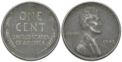 США 1 цент 1943 Авраам Линкольн KM 132 a сталь покрытая цинком 214-832