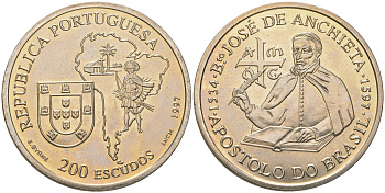 Португалия 200 эскудо 1997 390 лет со дня смерти Бенто ди Гойш KM 700 медно-никель UNC 4677-312