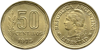 Аргентина 50 сентаво 1975 голова свободы влево KM 68 алюминиевая бронза 4525-854