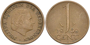 НИДЕРЛАНДЫ 1 ЦЕНТ 1959 ЮЛИАНА KM 180 бронза 66-864