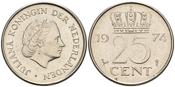 Нидерланды 25 центов 1974 Юлиана (1949-1980) KM 183 никель    4174-662