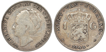 Нидерландское Кюрасао 1 гульден 1944 D, Вильгельмина (1890-1948) KM 45 серебро 36-447