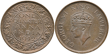 Британская Индия 1/4 анна 1942 Георг VI (1937-1952) KM 531 бронза aUNC 4364-2726