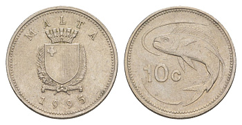 Мальта 10 центов 1995 золотая макрель KM 96 медно-никель 4632-864