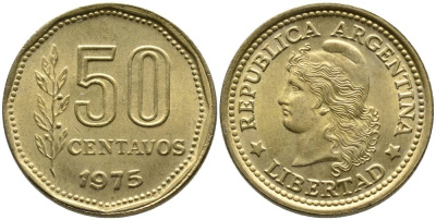 Аргентина 50 сентаво 1975 голова свободы влево KM 68 алюминиевая бронза 4525-854