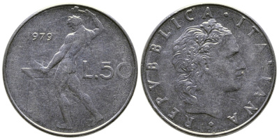 Италия 50 лир 1979 R, бог огня Вулкан у наковальни KM 95.1 нержавеющая сталь    4606-142