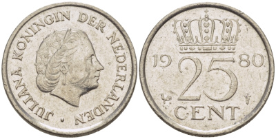 НИДЕРЛАНДЫ 25 ЦЕНТОВ 1980 ЮЛИАНА KM 183 никель 4392-515
