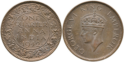 Британская Индия 1/4 анна 1942 Георг VI (1937-1952) KM 531 бронза aUNC 4364-2726