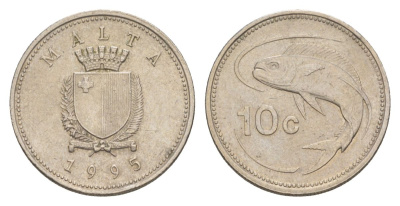Мальта 10 центов 1995 золотая макрель KM 96 медно-никель 4632-864