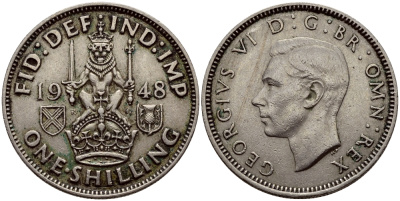 Великобритания 1 шиллинг 1948 Георг VI (1936-1952), Шотландский герб KM 864, Spink 4104 медно-никель 80-642