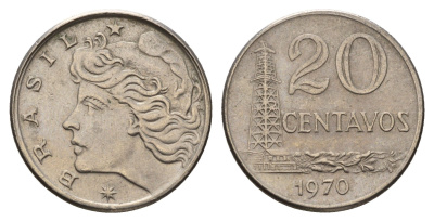 Бразилия 20 сентаво 1970 голова Свободы влево KM 579.2 медно-никель 3336-253