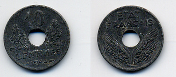 ФРАНЦИЯ 10 САНТИМОВ 1943 ПРАВИТЕЛЬСТВО ВИШИ KM 898.1 цинк 4384-1154