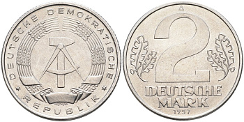 ГДР 2 марки 1957 А KM 14 алюминий UNC 4574-523