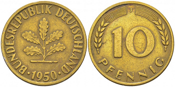 ФРГ 10 ПФЕННИГОВ 1950 J KM 108, J.383 сталь плакированная латунью 3718-732