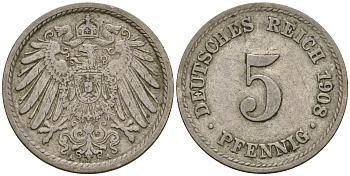 Германия 5 пфеннигов 1908 A KM 11, Jager 12, Weege 6 медно-никель 4364-4547