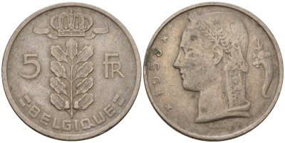 Бельгия 5 франков 1958 Belgique, Бодуэн I (1951-1993) KM 134 медно-никель 4393-1217
