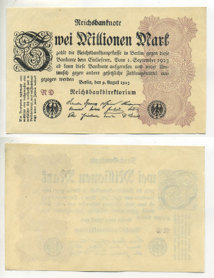 Германия 2000000 марок 1923 9 августа 1923, водяной знак Е, G/D в звездах, серия ND Pick 104a, Rosenberg 103a бумага 7217-89-2-2