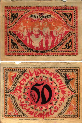 БИЛЕФЕЛЬД 50000000 МАРОК 1922 НОТГЕЛЬД, 2 АПРЕЛЯ 1922 (ОКТЯБРЬ 1923), ЗЕМЛЯ СЕВЕРНЫЙ РЕЙН-ВЕСТФАЛИЯ, ПЕРФОРАЦИЯ P. RRUST Grabowski 83 (GR 36) бумага 6300-33-1-1