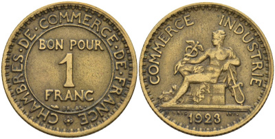Франция 1 франк 1923 KM 876, Le Franc 218.5 алюминиевая бронза 4142-723