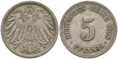 Германия 5 пфеннигов 1908 A KM 11, Jager 12, Weege 6 медно-никель 4364-4547