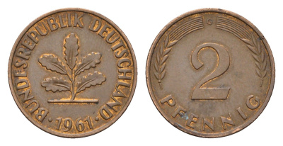 ФРГ 2 пфеннига 1961 G KM 106, J. 381 бронза 211-1157