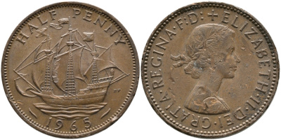 Великобритания 1/2 пенни 1965 Елизавета II (1952-2022) KM 896, Spink 4158 бронза 65-924