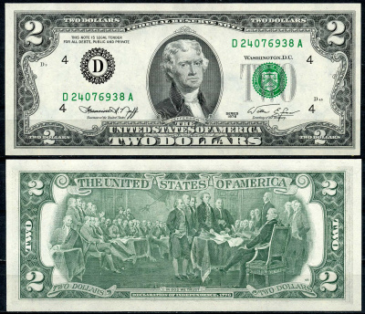 США 2 доллара 1976 Томас Джефферсон, 200 лет образованию США, D - Кливленд Pick 461  бумага UNC (пресс)  447-61-1