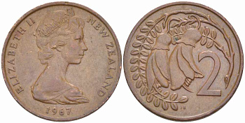 Новая Зеландия 2 цента 1967 Елизавета II (1952-2022), два цветка кохаи KM 32.1 бронза 108-1147