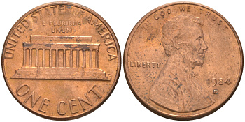 США 1 ЦЕНТ 1984 D, ЛИНКОЛЬН KM 201b цинк плакированный медью 188-228