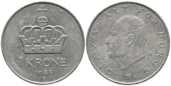 НОРВЕГИЯ 1 КРОНА 1985 ОЛАВ V (1957-1991) KM 419 медно-никель 28-1021