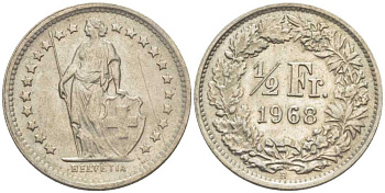 Швейцария 1/2 франка 1968 В KM 23а.1 медно-никель 112-1133