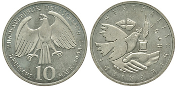 ФРГ 10 марок 1998 J, 350 лет Вестфальскому мирному договору KM 191 серебро UNC 413-3411