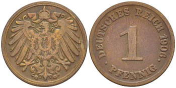 ГЕРМАНИЯ 1 ПФЕННИГ 1906 G KM 10, J. 10, Weege 2 медь 211-337