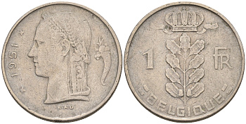 БЕЛЬГИЯ 1 ФРАНК 1951 BELGIQUE KM 142.1 медно-никель 4563-1156
