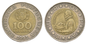 Португалия 100 эскудо 1991 Педру Нуниш (1502-1578), математик KM 645 биметалл 4514-224