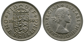 Великобритания 1 шиллинг 1954 Елизавета II (1952-2022), Английский герб KM 904, Spink 4147 медно-никель 4384-255